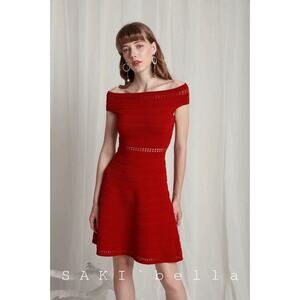 $350 Christmas party Sandro Rib Knit Dress Off the Shoulder Masha Burgundy S 1